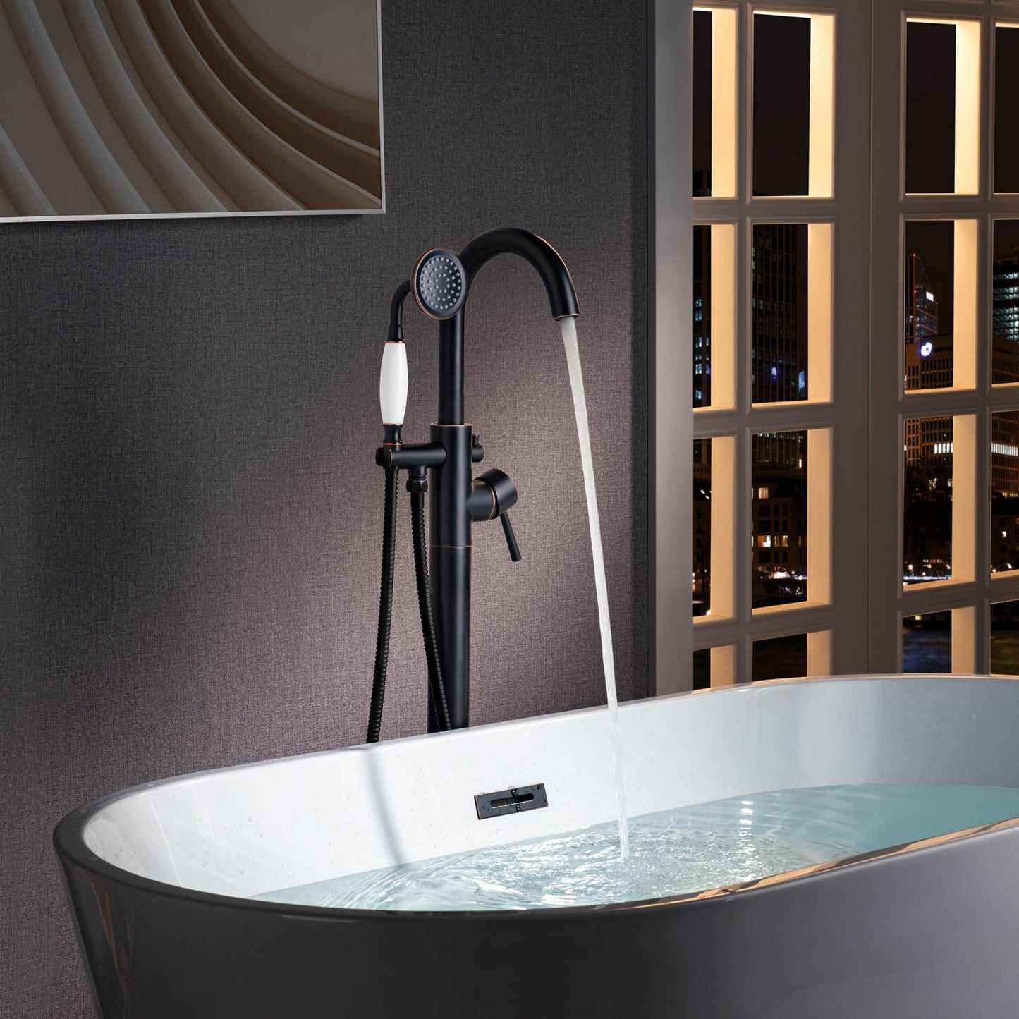WOODBRIDGE F0023BNVT Fusion Single Handle Floor Mount Freestanding Tub Filler Faucet with Telephone Hand shower