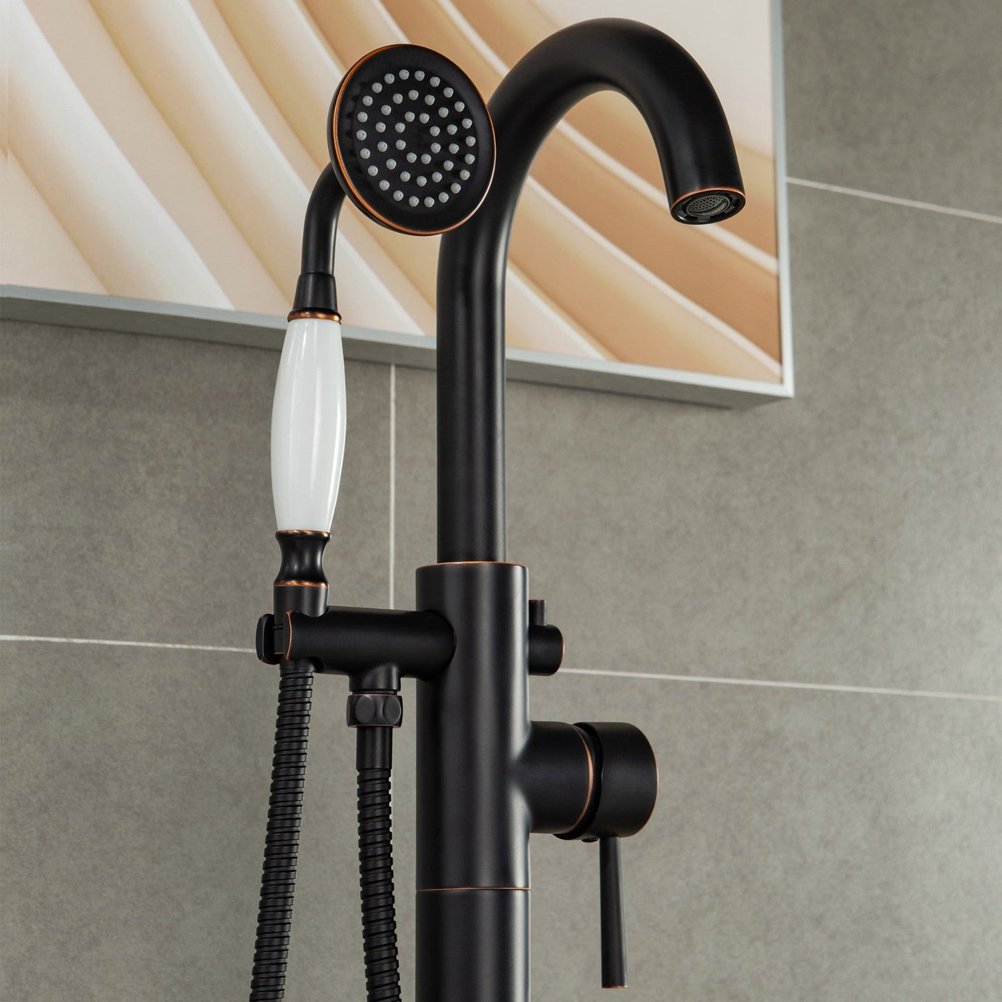 WOODBRIDGE F0023BNVT Fusion Single Handle Floor Mount Freestanding Tub Filler Faucet with Telephone Hand shower