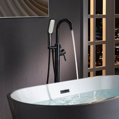 WOODBRIDGE F0023BNSQ Fusion Single Handle Floor Mount Freestanding Tub Filler Faucet with Square Comfort Grip Hand Shower