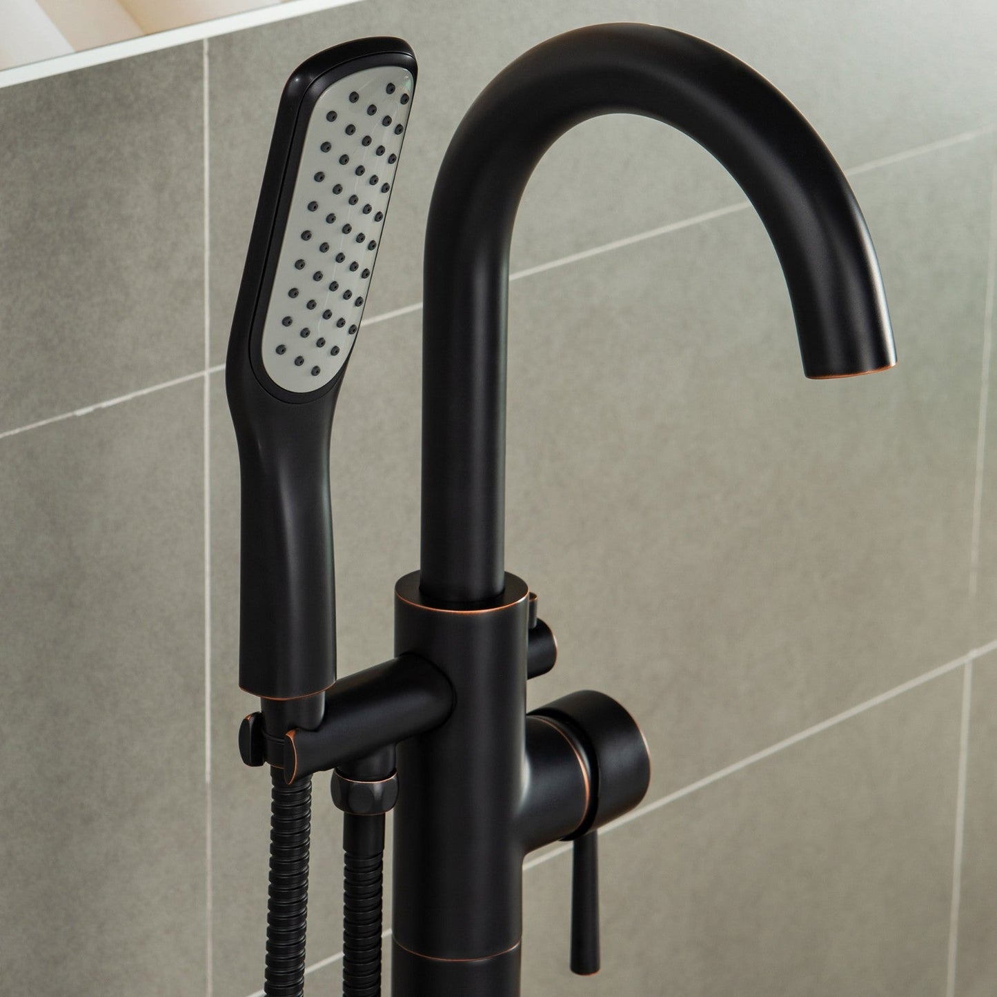 WOODBRIDGE F0023BNSQ Fusion Single Handle Floor Mount Freestanding Tub Filler Faucet with Square Comfort Grip Hand Shower