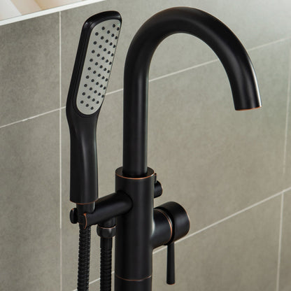 WOODBRIDGE F0023BNSQ Fusion Single Handle Floor Mount Freestanding Tub Filler Faucet with Square Comfort Grip Hand Shower
