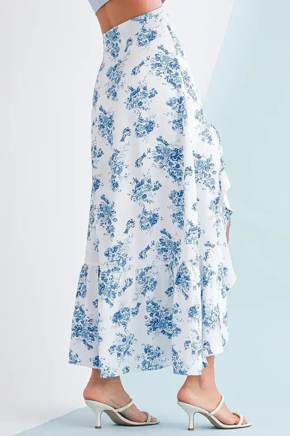 Sky Blue Boho Floral High Waist Ruffle Split Maxi Skirt