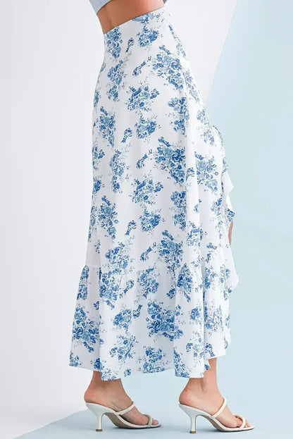 Sky Blue Boho Floral High Waist Ruffle Split Maxi Skirt