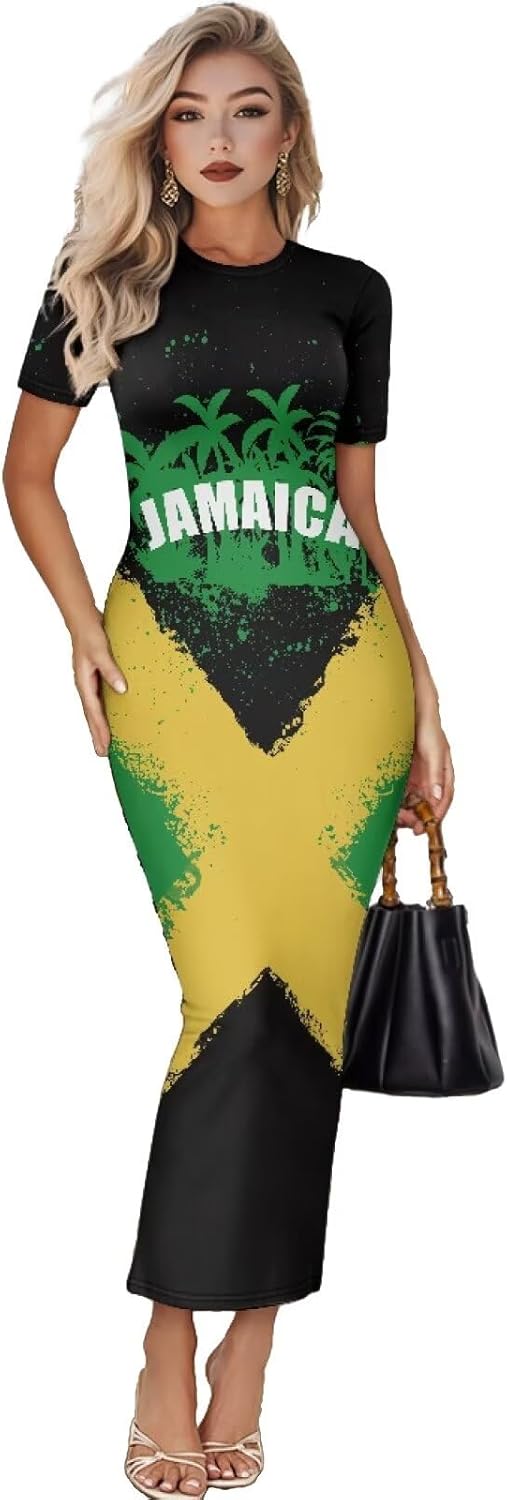 Women's Jamaican Flag Bodycon Midi Dress Short Sleeve