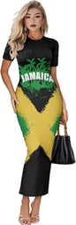 Women's Jamaican Flag Bodycon Midi Dress Short Sleeve