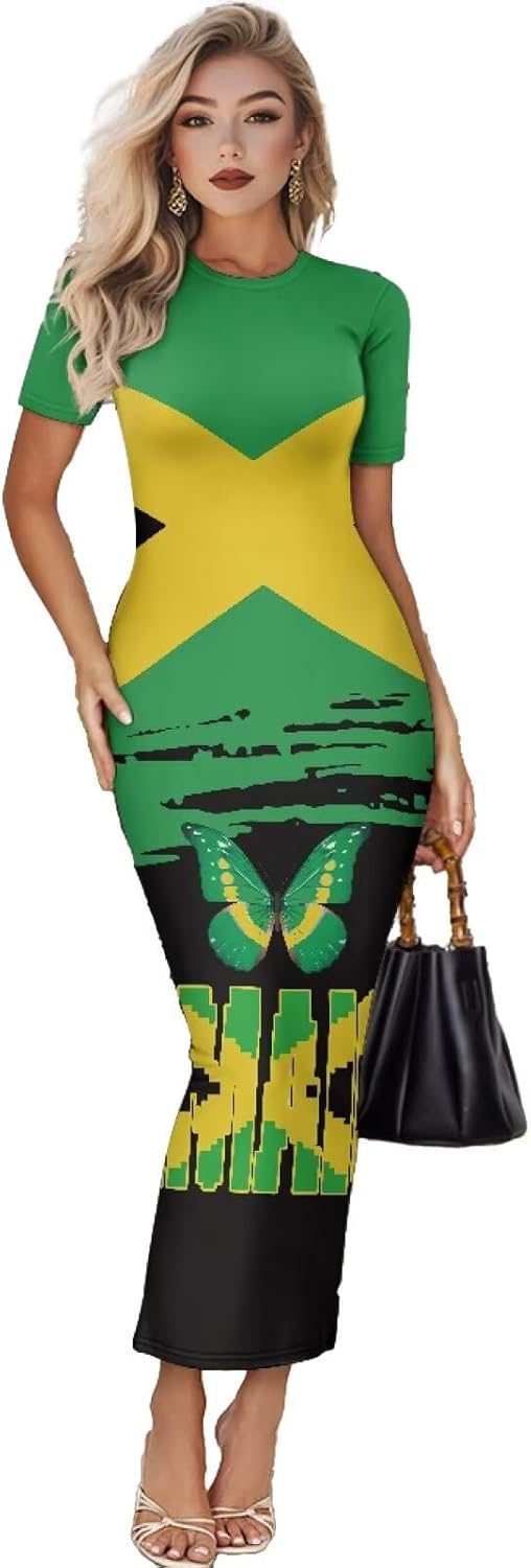 Women's Jamaican Flag Bodycon Midi Dress Short Sleeve