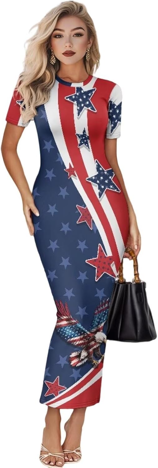 Women's Jamaican Flag Bodycon Midi Dress Short Sleeve