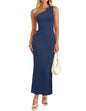 Women's One Shoulder Maxi Dress - Floral Ribbed Knit Summer Cocktail Dress