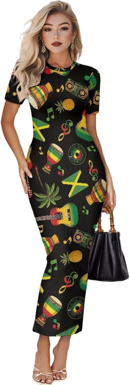 Women's Jamaican Flag Bodycon Midi Dress Short Sleeve