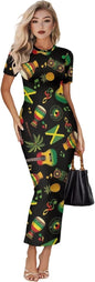 Women's Jamaican Flag Bodycon Midi Dress Short Sleeve