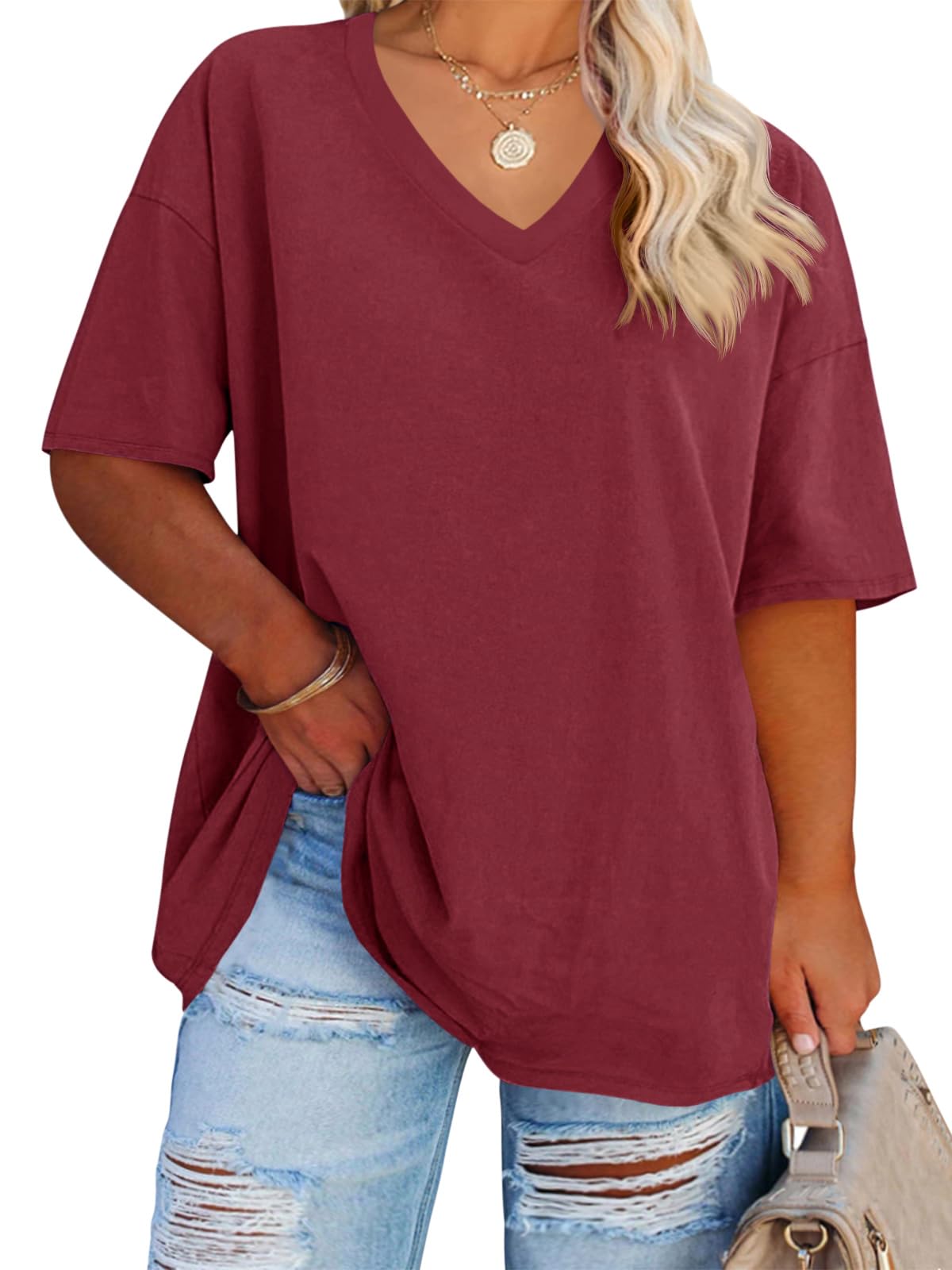 Cato Fashions Online - Women's Plus Size V-Neck Cotton T-Shirts - Summer Half Sleeve Casual Loose Fit Tunic Tops
