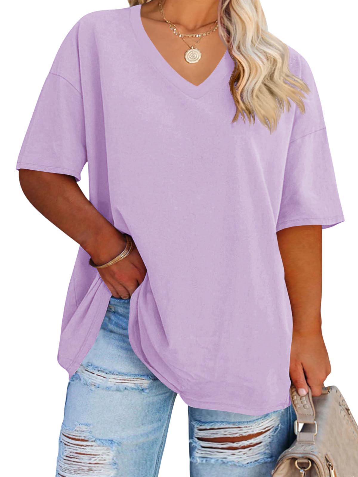 Cato Fashions Online - Women's Plus Size V-Neck Cotton T-Shirts - Summer Half Sleeve Casual Loose Fit Tunic Tops