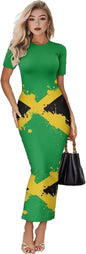 Women's Jamaican Flag Bodycon Midi Dress Short Sleeve