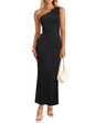 Women's One Shoulder Maxi Dress - Floral Ribbed Knit Summer Cocktail Dress