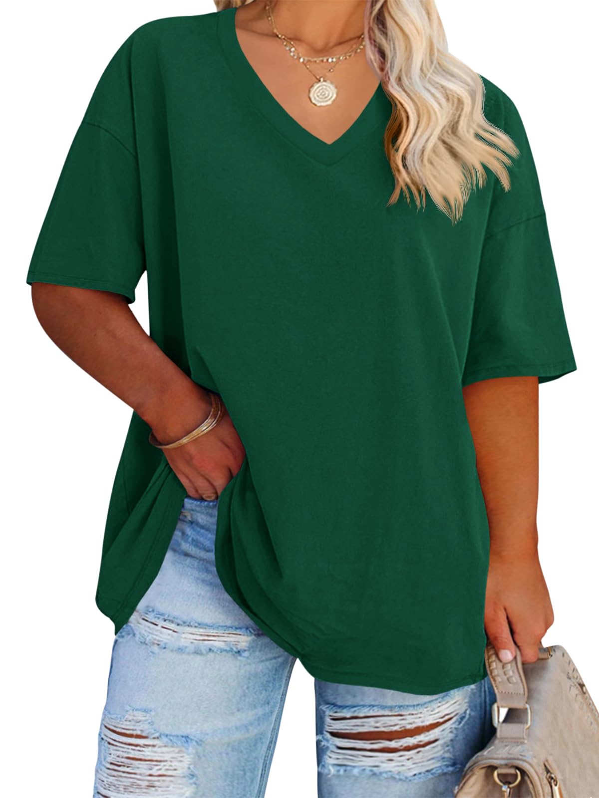Cato Fashions Online - Women's Plus Size V-Neck Cotton T-Shirts - Summer Half Sleeve Casual Loose Fit Tunic Tops