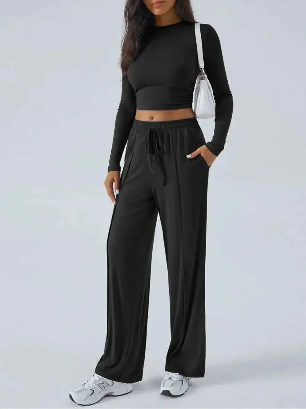 Round Neck Long Sleeve Crop Top and Pants Set