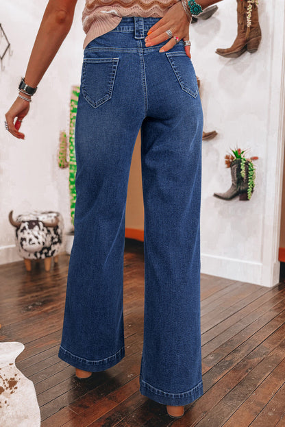 Sail Blue High Waist Women's Jeans with Wide Legs and Pockets