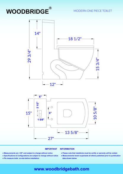 WOODBRIDGE Modern Square Design One Piece Dual Flush 1.28 GP Toilet,Chair Height with Soft Closing Seat