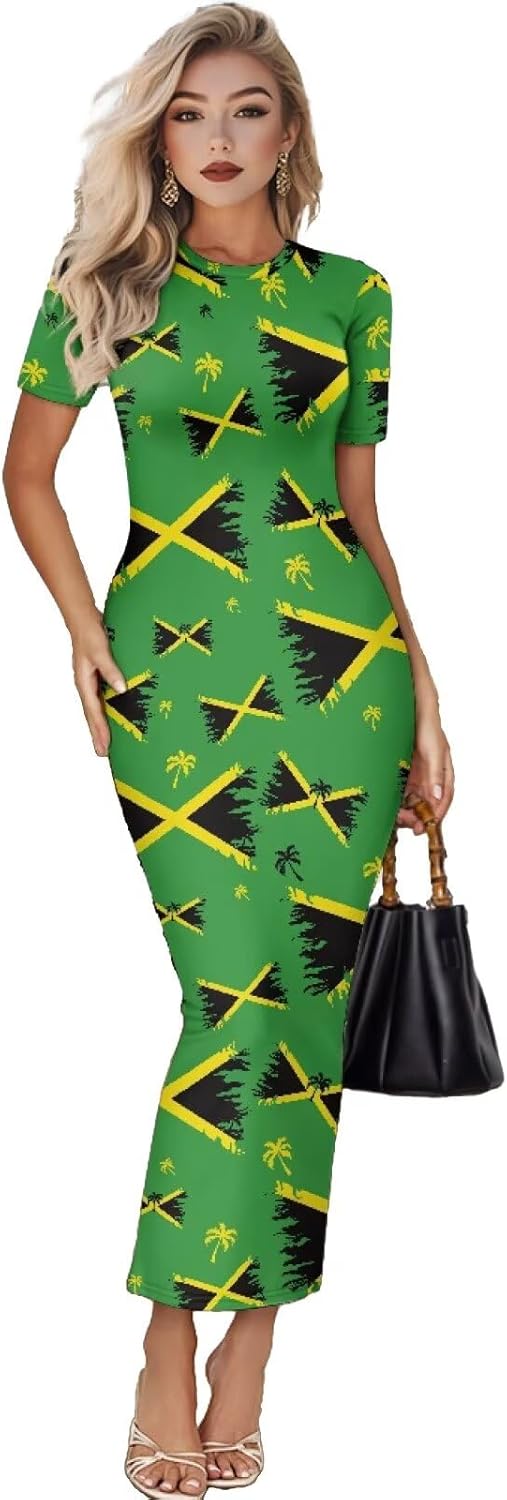 Women's Jamaican Flag Bodycon Midi Dress Short Sleeve