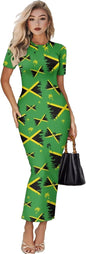 Women's Jamaican Flag Bodycon Midi Dress Short Sleeve