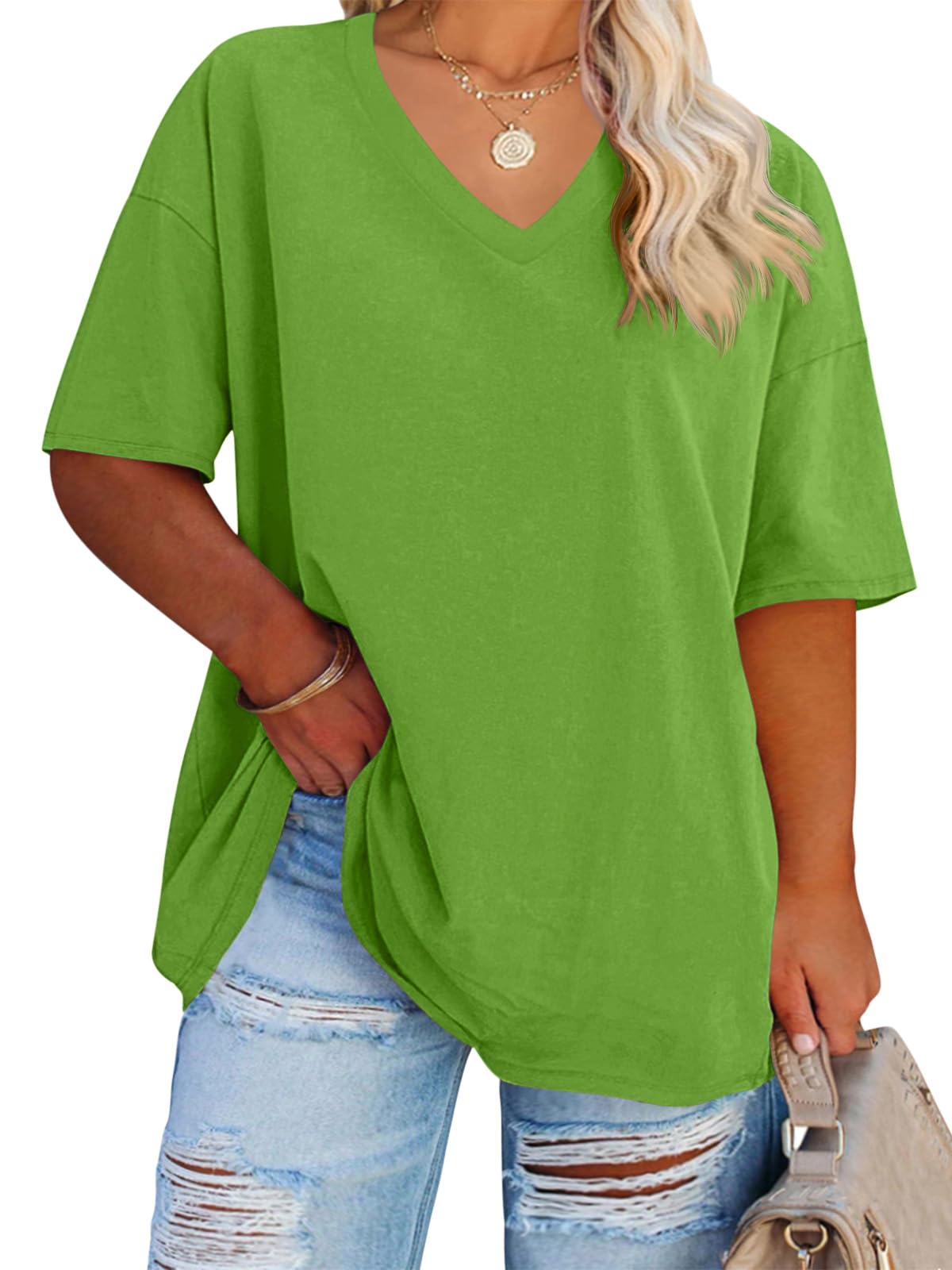 Cato Fashions Online - Women's Plus Size V-Neck Cotton T-Shirts - Summer Half Sleeve Casual Loose Fit Tunic Tops
