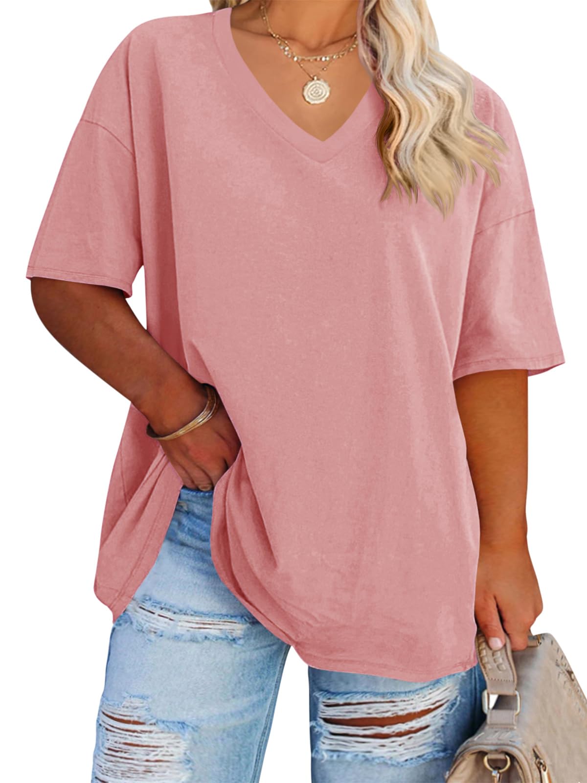 Cato Fashions Online - Women's Plus Size V-Neck Cotton T-Shirts - Summer Half Sleeve Casual Loose Fit Tunic Tops