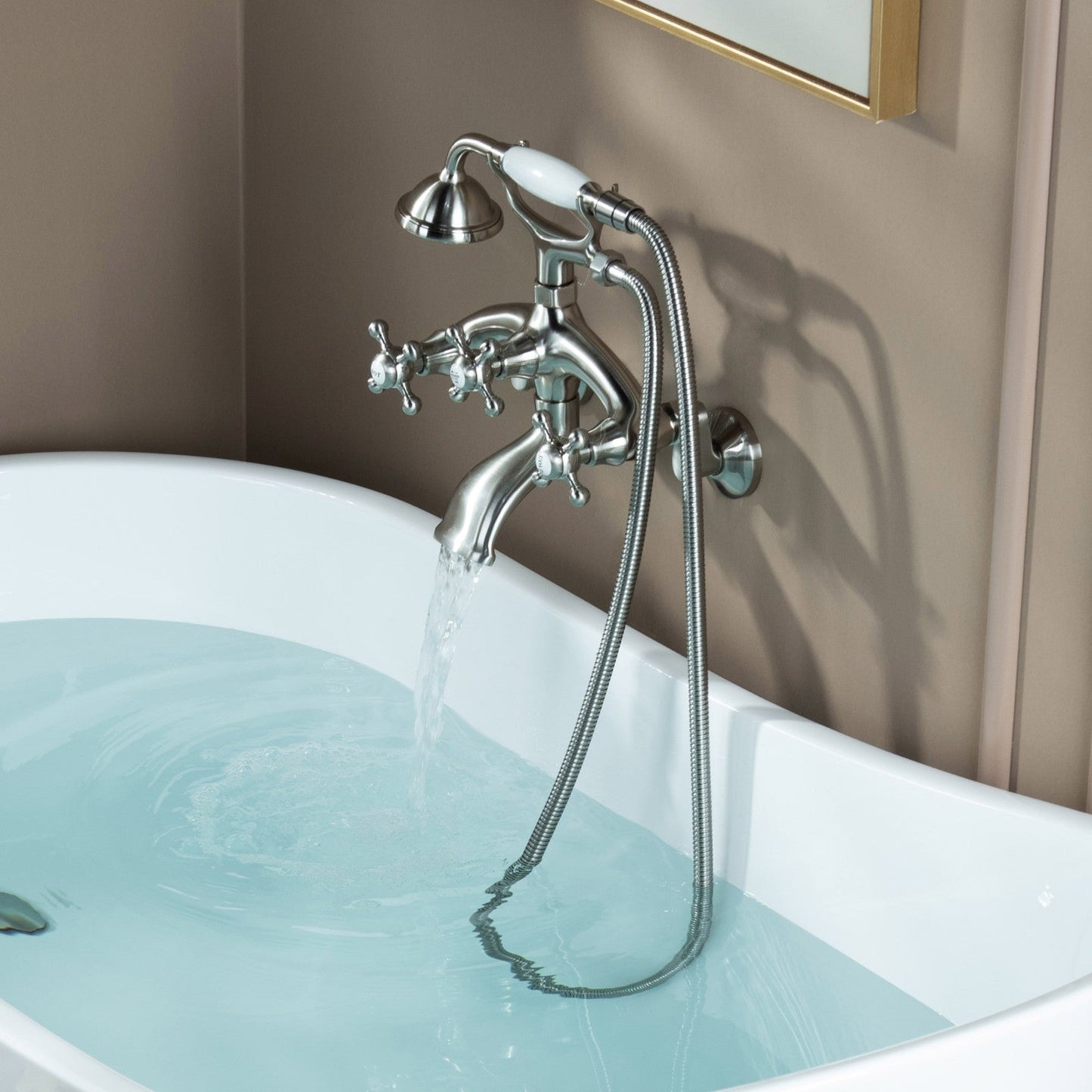 WOODBRIDGE F0030BN Wall Mount Adjustable Centers Bathtub Faucet with 3 Metal Cross Handles and Telephone Style Hand Shower and Porcelain Handle