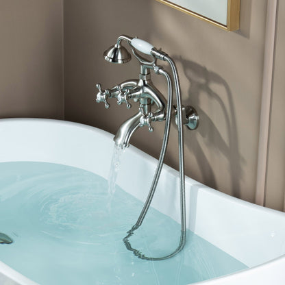 WOODBRIDGE F0030BN Wall Mount Adjustable Centers Bathtub Faucet with 3 Metal Cross Handles and Telephone Style Hand Shower and Porcelain Handle