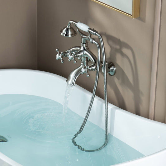WOODBRIDGE F0030BN Wall Mount Adjustable Centers Bathtub Faucet with 3 Metal Cross Handles and Telephone Style Hand Shower and Porcelain Handle
