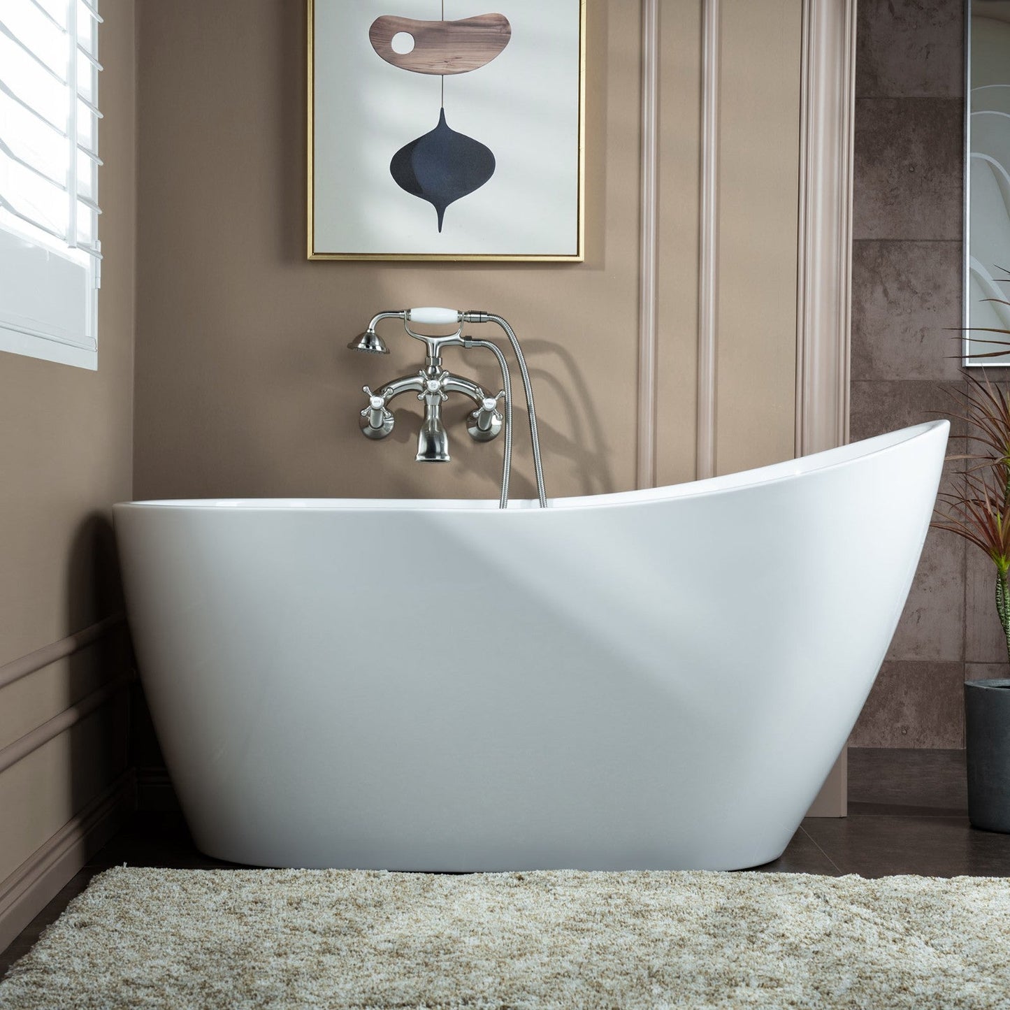 WOODBRIDGE F0030BN Wall Mount Adjustable Centers Bathtub Faucet with 3 Metal Cross Handles and Telephone Style Hand Shower and Porcelain Handle