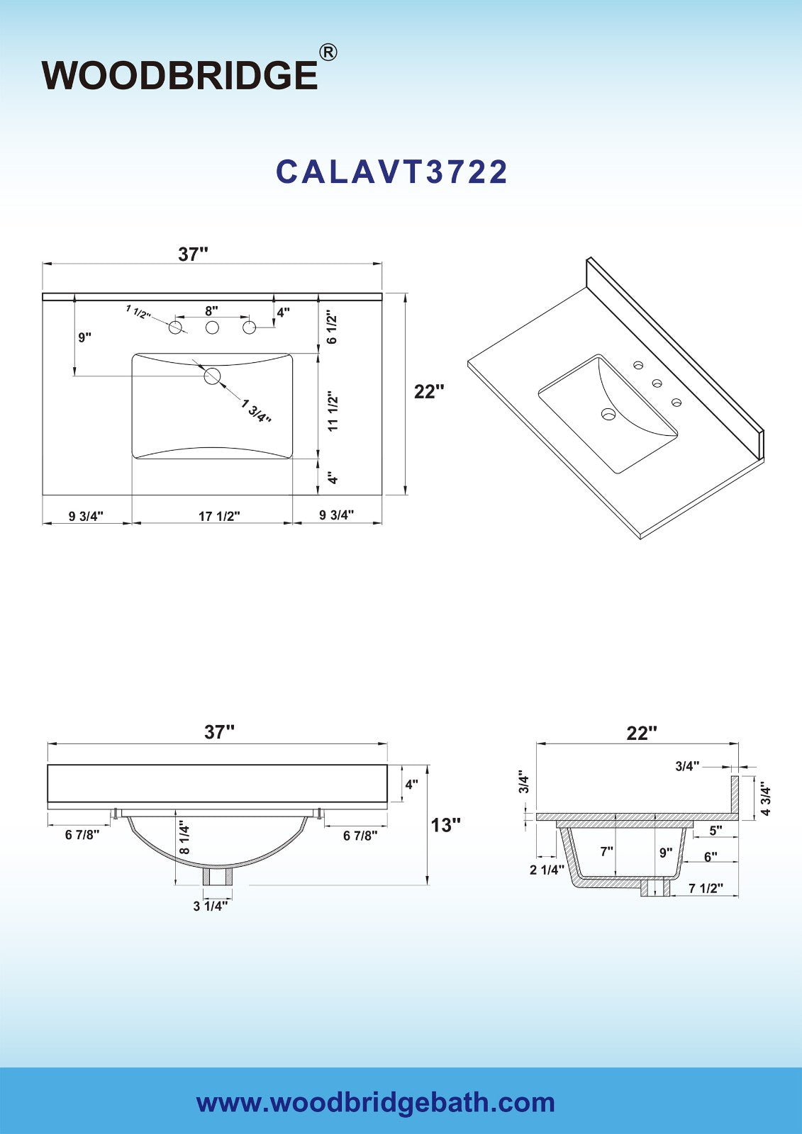 WOODBRIDGE 37" x22" Vanity Top with Single Under Mount Rectangle Bowl, Carrara White Engineered stone, Pre-drilled with 3-hole for 8-inch Widespread Faucet set up Option