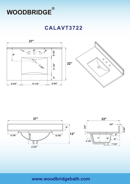 WOODBRIDGE 37" x22" Vanity Top with Single Under Mount Rectangle Bowl, Carrara White Engineered stone, Pre-drilled with 3-hole for 8-inch Widespread Faucet set up Option