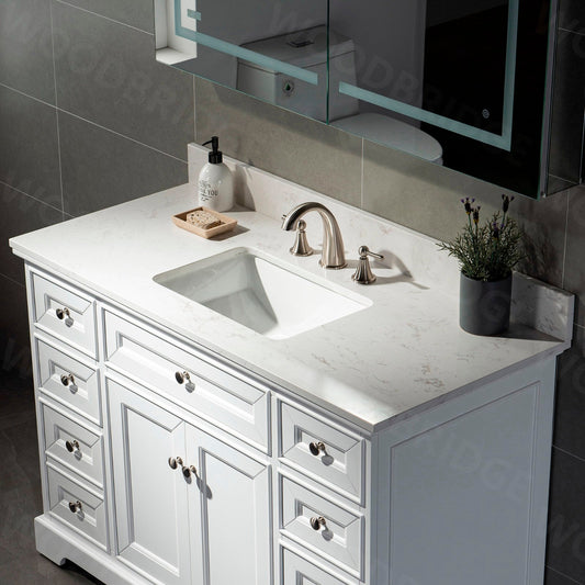 WOODBRIDGE 49"x22" Vanity Top with Single Under Mount Rectangle Bowl, Carrara White Engineered stone, Pre-drilled with 3-hole for 8-inch Widespread Faucet set up Option