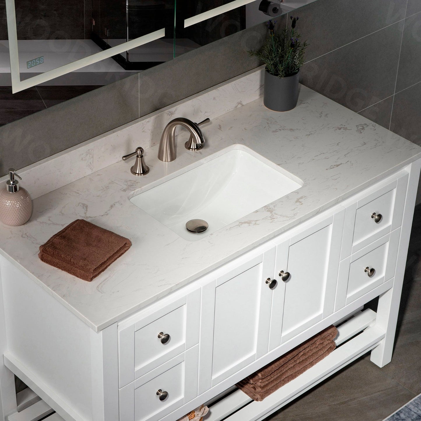 WOODBRIDGE 49"x22" Vanity Top with Single Under Mount Rectangle Bowl, Carrara White Engineered stone, Pre-drilled with 3-hole for 8-inch Widespread Faucet set up Option