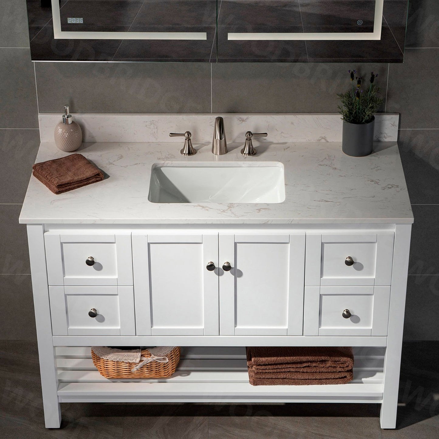 WOODBRIDGE 49"x22" Vanity Top with Single Under Mount Rectangle Bowl, Carrara White Engineered stone, Pre-drilled with 3-hole for 8-inch Widespread Faucet set up Option
