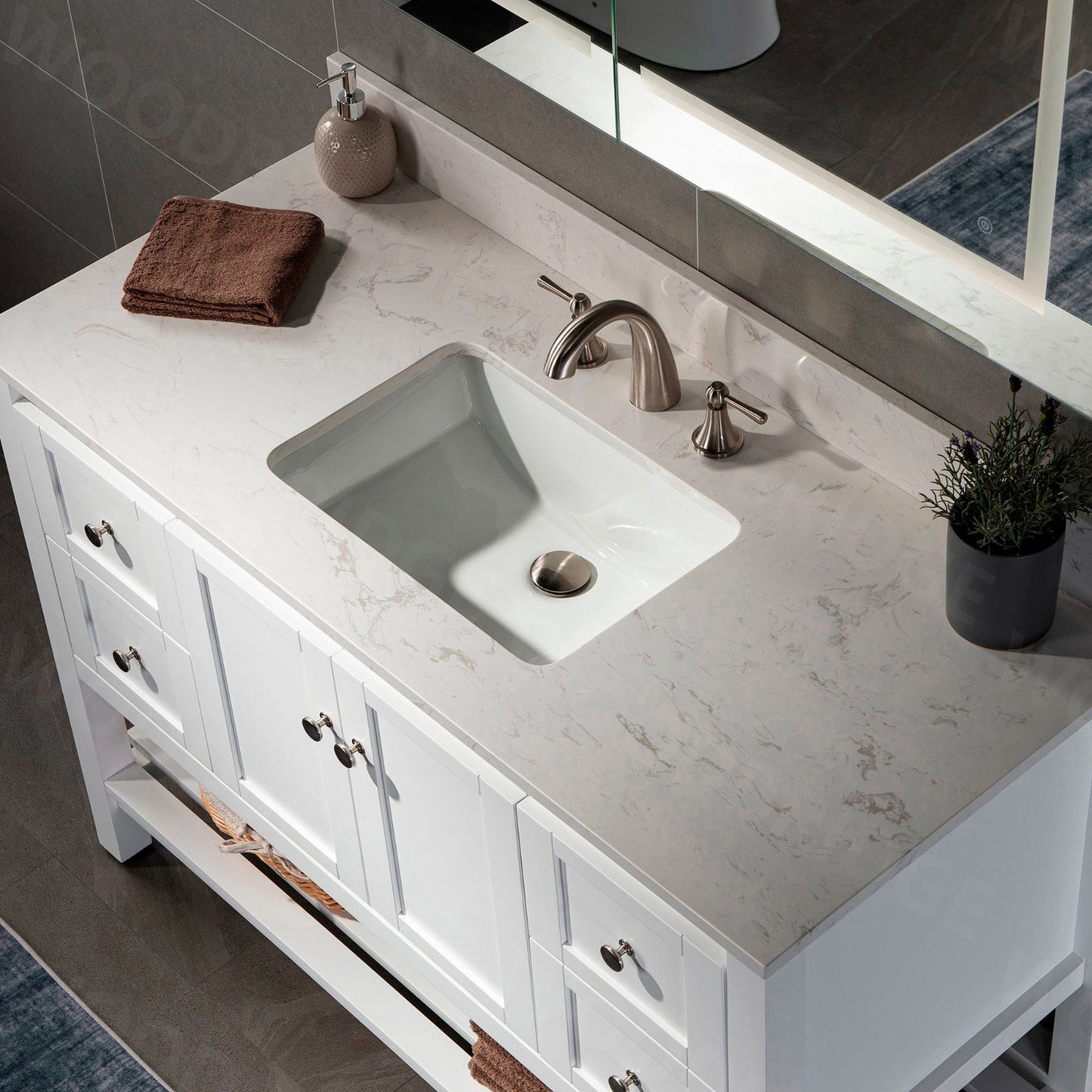 WOODBRIDGE 49"x22" Vanity Top with Single Under Mount Rectangle Bowl, Carrara White Engineered stone, Pre-drilled with 3-hole for 8-inch Widespread Faucet set up Option