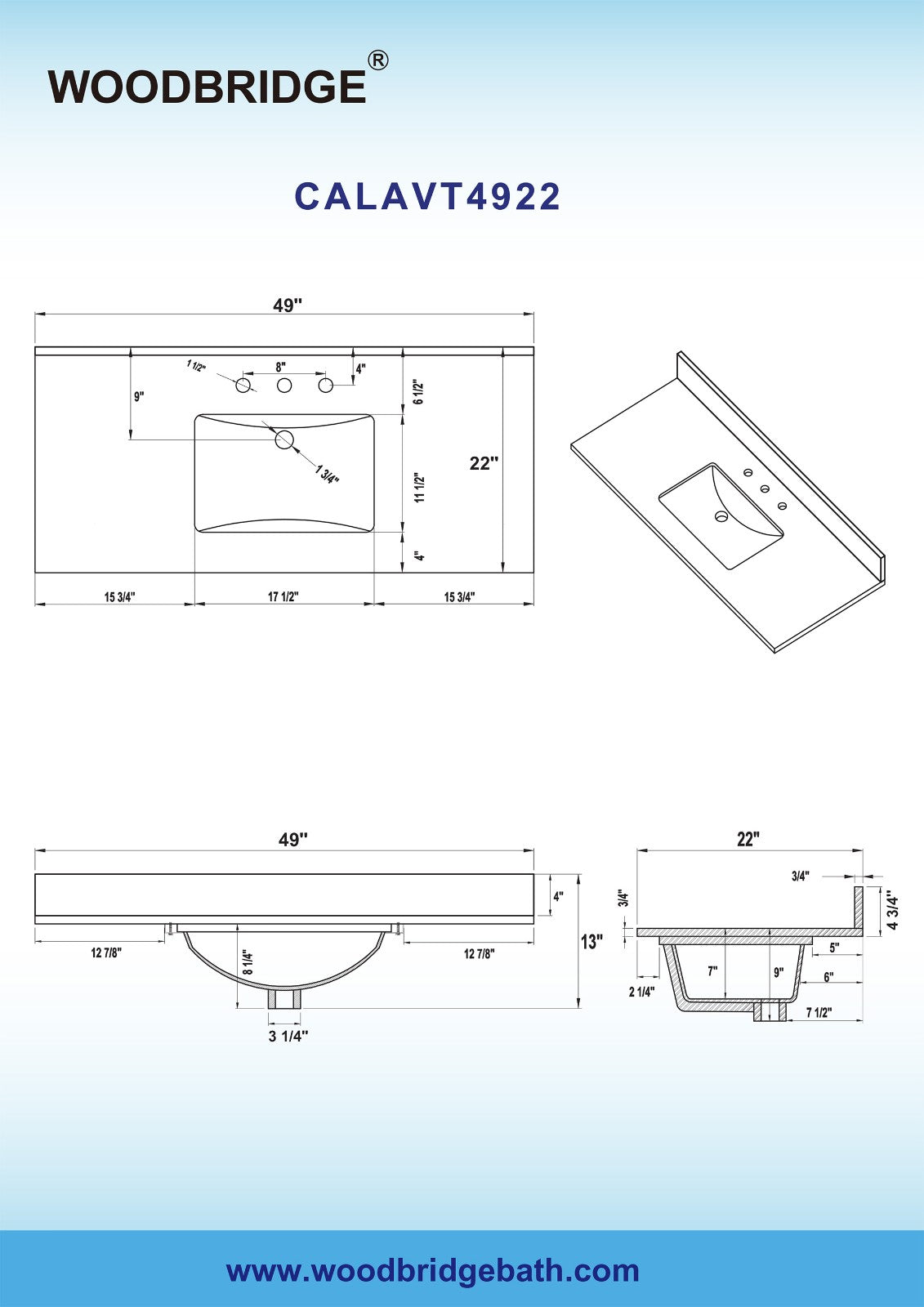 WOODBRIDGE 49"x22" Vanity Top with Single Under Mount Rectangle Bowl, Carrara White Engineered stone, Pre-drilled with 3-hole for 8-inch Widespread Faucet set up Option