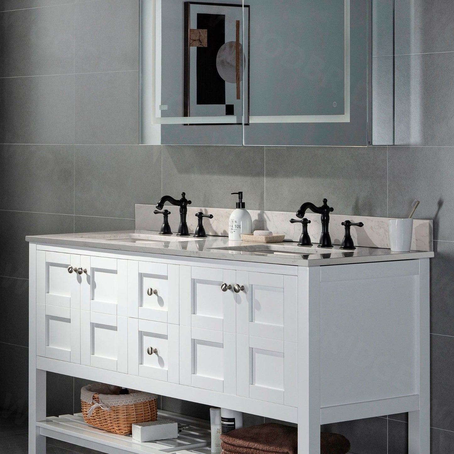 WOODBRIDGE 61" x 22" Vanity Top with Double Under Mount Rectangle Bowls, Carrara White Engineered stone, Pre-drilled with 3-hole for 8-inch Widespread Faucet set up Option
