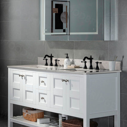 WOODBRIDGE 61" x 22" Vanity Top with Double Under Mount Rectangle Bowls, Carrara White Engineered stone, Pre-drilled with 3-hole for 8-inch Widespread Faucet set up Option