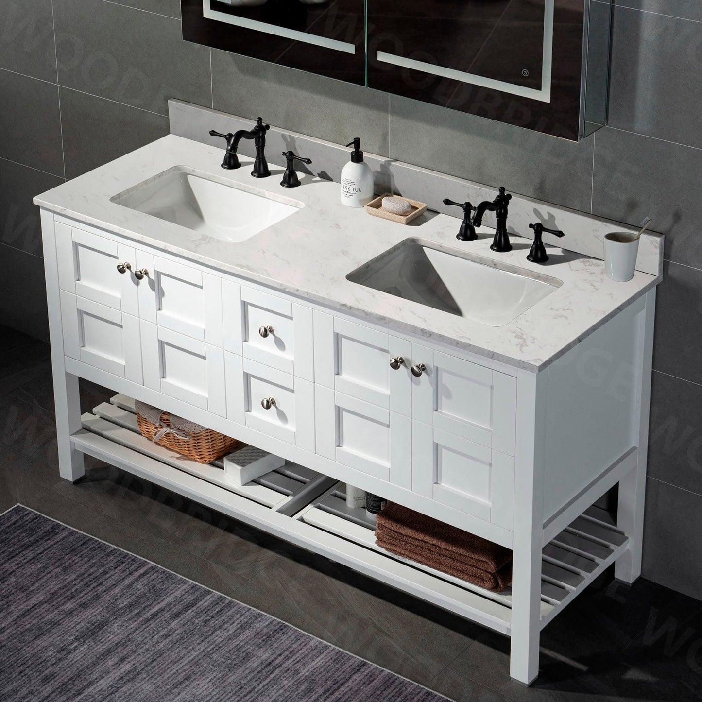 WOODBRIDGE 61" x 22" Vanity Top with Double Under Mount Rectangle Bowls, Carrara White Engineered stone, Pre-drilled with 3-hole for 8-inch Widespread Faucet set up Option