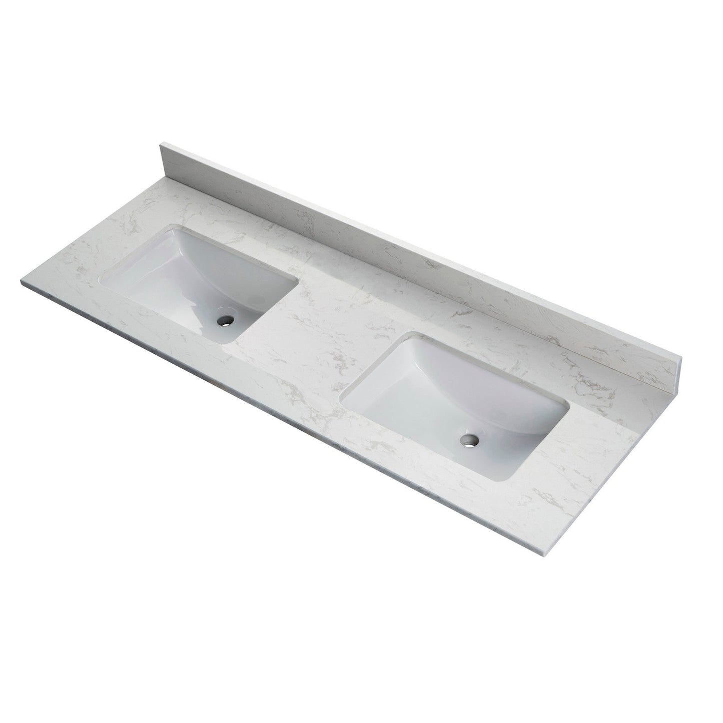 WOODBRIDGE 61" x 22" Vanity Top with Double Under Mount Rectangle Bowls, Carrara White Engineered stone, Pre-drilled with 3-hole for 8-inch Widespread Faucet set up Option