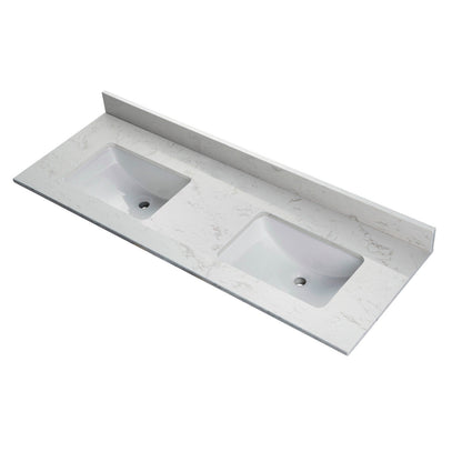 WOODBRIDGE 61" x 22" Vanity Top with Double Under Mount Rectangle Bowls, Carrara White Engineered stone, Pre-drilled with 3-hole for 8-inch Widespread Faucet set up Option