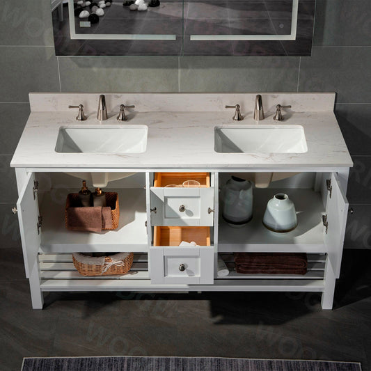 WOODBRIDGE 61" x 22" Vanity Top with Double Under Mount Rectangle Bowls, Carrara White Engineered stone, Pre-drilled with 3-hole for 8-inch Widespread Faucet set up Option