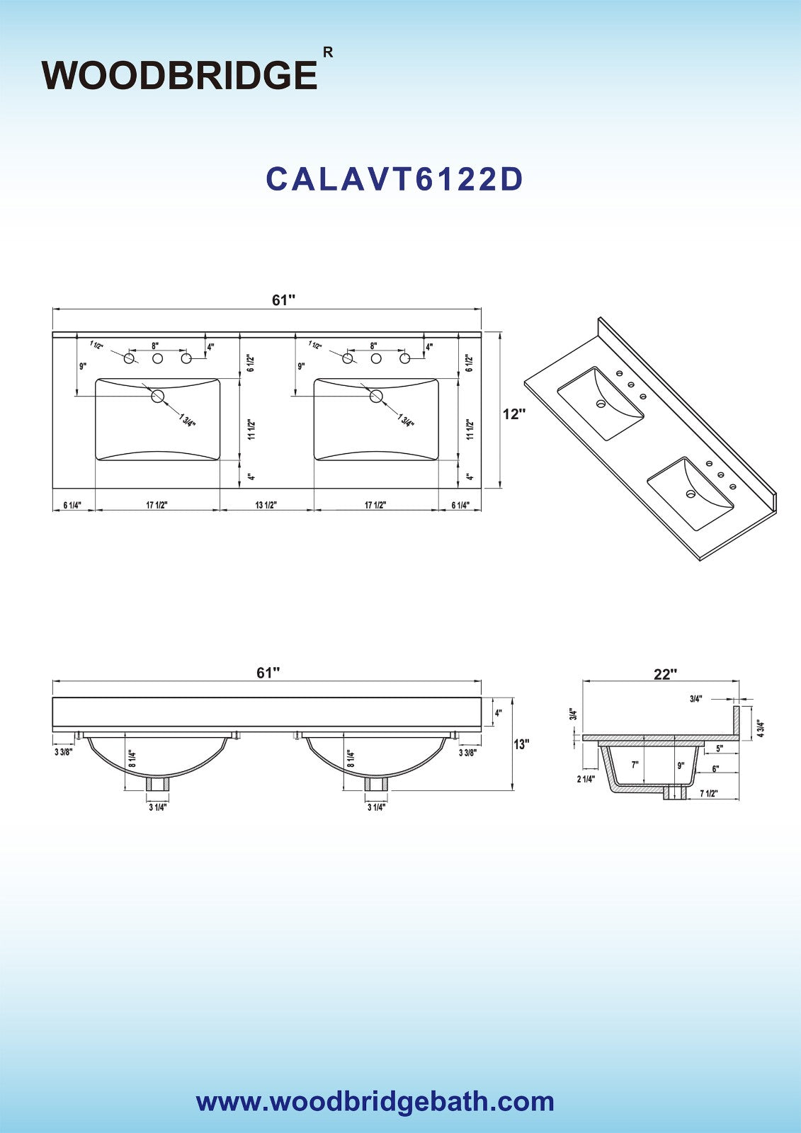 WOODBRIDGE 61" x 22" Vanity Top with Double Under Mount Rectangle Bowls, Carrara White Engineered stone, Pre-drilled with 3-hole for 8-inch Widespread Faucet set up Option