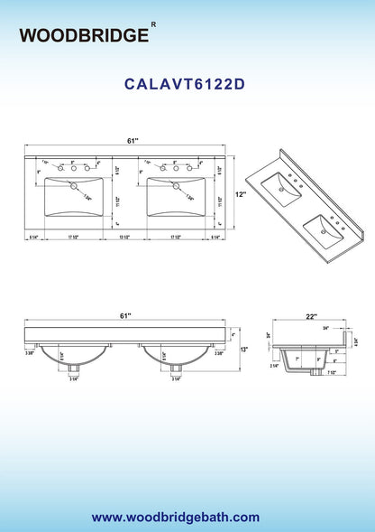 WOODBRIDGE 61" x 22" Vanity Top with Double Under Mount Rectangle Bowls, Carrara White Engineered stone, Pre-drilled with 3-hole for 8-inch Widespread Faucet set up Option
