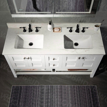 WOODBRIDGE 61" x 22" Vanity Top with Double Under Mount Rectangle Bowls, Carrara White Engineered stone, Pre-drilled with 3-hole for 8-inch Widespread Faucet set up Option
