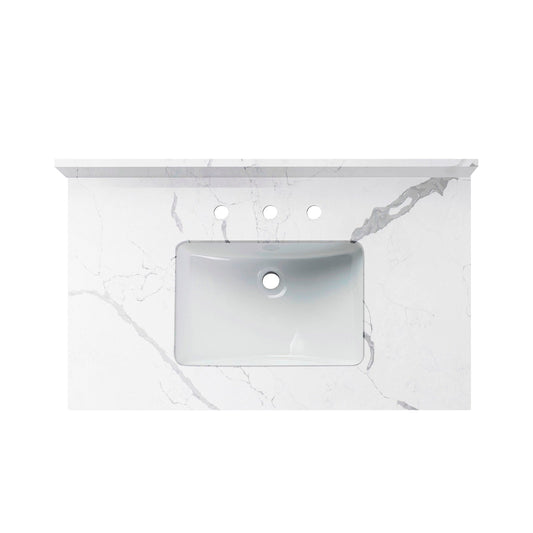 WOODBRIDGE 37" x22" Vanity Top with Single Under Mount Rectangle Bowl, Fish Belly Engineered stone, Pre-drilled with 3-hole for 4-inch Centerset Faucet set up Option