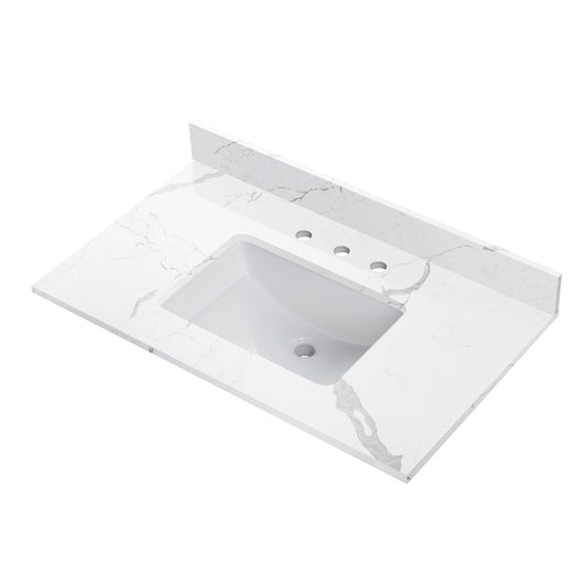 WOODBRIDGE 37" x22" Vanity Top with Single Under Mount Rectangle Bowl, Fish Belly Engineered stone, Pre-drilled with 3-hole for 4-inch Centerset Faucet set up Option