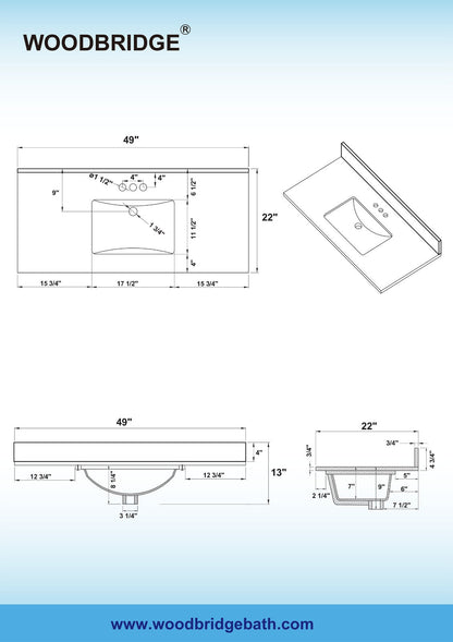 WOODBRIDGE 49"x22" Vanity Top with Single Under Mount Rectangle Bowl, Fish Belly Engineered stone, Pre-drilled with 3-hole for 4-inch Centerset Faucet set up Option