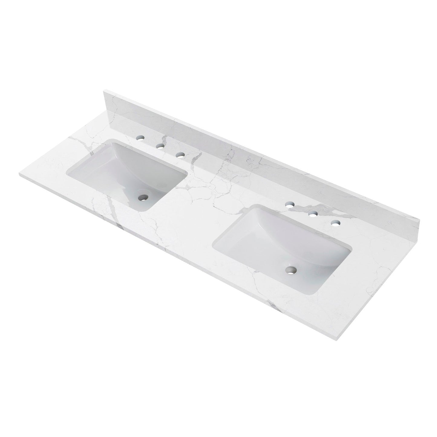 WOODBRIDGE 61" x 22" Vanity Top with Double Under Mount Rectangle Bowls, Fish Belly Engineered stone, Pre-drilled with 3-hole for 8-inch Widespread Faucet set up Option